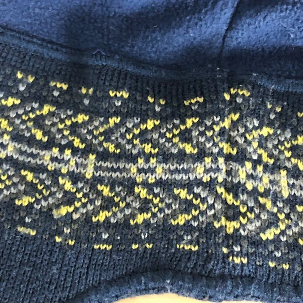 Columbia Knit Beanie Boy's One Size Blue & Yellow Fair Isle Earflaps Pom Pom